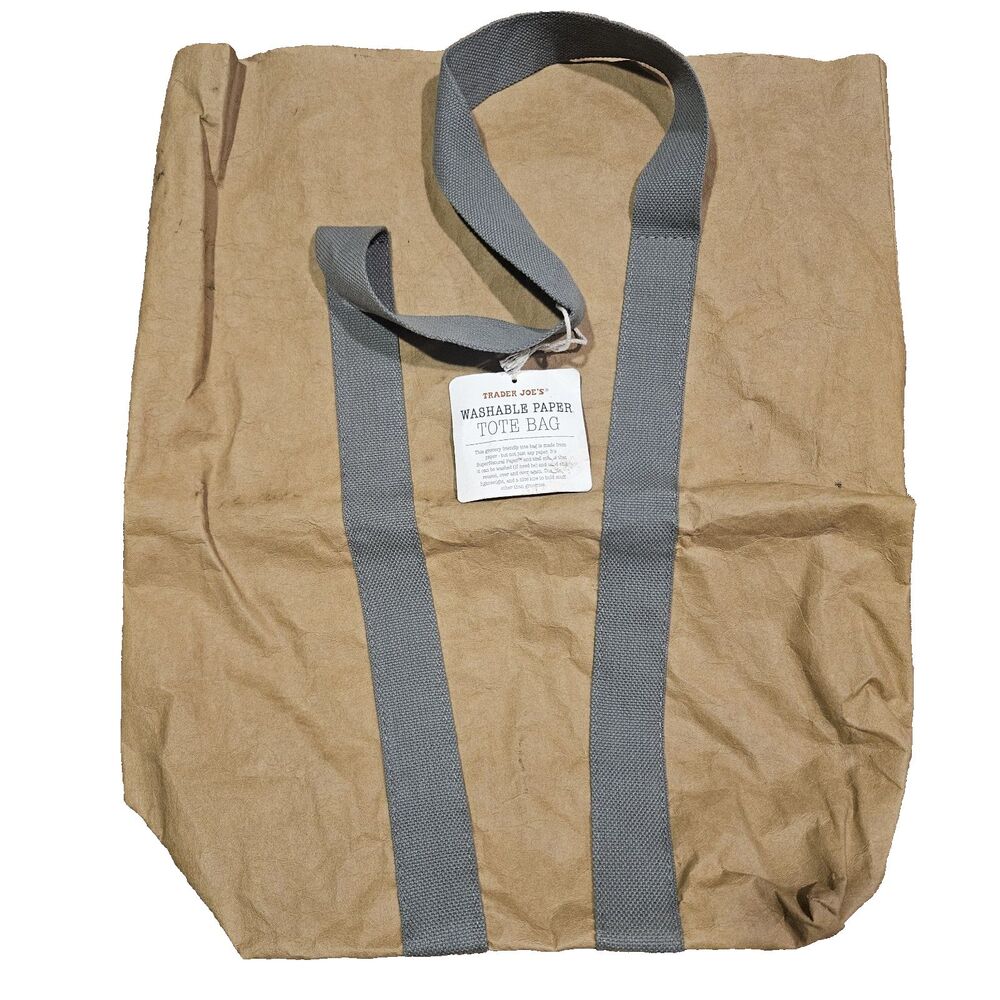 Trader Joe's Large Washable Paper Tote Bag Brown Gray Straps Reusable New